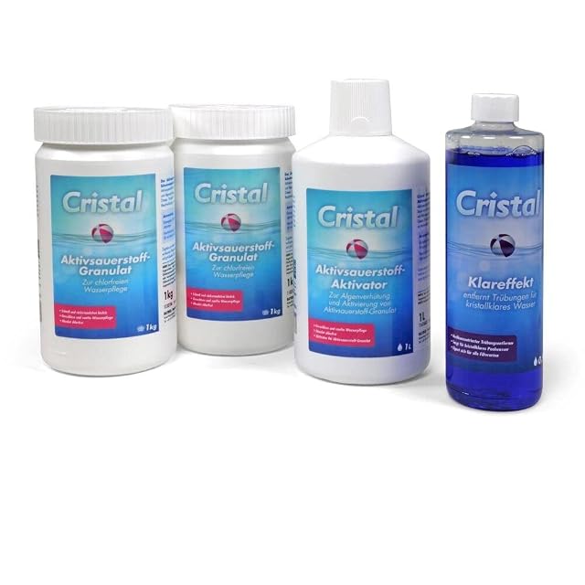 Conjunto de oxígeno activo Cristal con granulado, activador y clarificante para un cuidado sin cloro