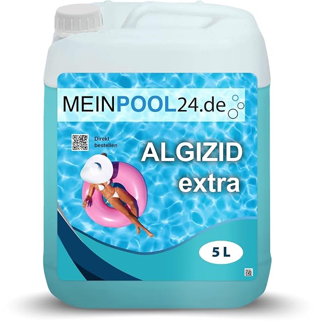 Alguicida líquido Meinpool24.de en bidón de cinco litros para el cuidado de la piscina