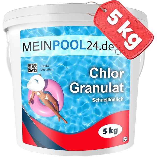 Granulado de cloro Meinpool24.de al 56 por ciento de cloro activo en envase de cinco kilogramos