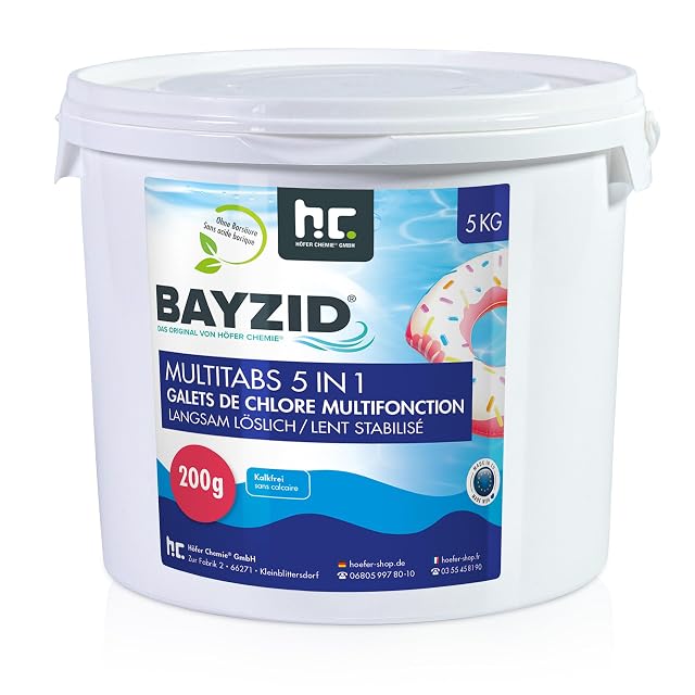 Pastillas multifunción de cloro BAYZID 5 en 1 de doscientos gramos en envase de cinco kilogramos