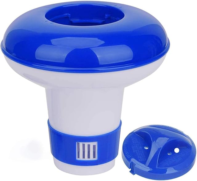 Dispensador flotante de cloro wojonifuiliy azul y blanco con anillo regulable en la base