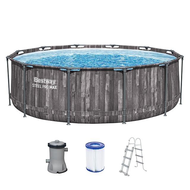Piscina desmontable redonda Bestway en efecto madera de roble oscuro, 366 cm de diámetro y 100 cm de alto, con una escalera de seguridad