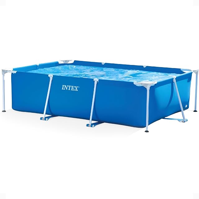 Piscina rectangular azul Intex Metal Frame sobre una estructura de tubos de acero galvanizado, 300 por 200 cm y 75 cm de alto