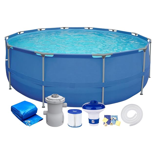 Piscina redonda azul Walden Sports de estructura de acero de 300 cm de diámetro, con una bomba de filtración y un cobertor al lado