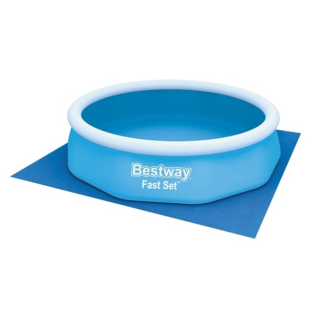 Lona de suelo cuadrada de polietileno Bestway azul, de trescientos treinta y cinco centímetros de lado, extendida en plano