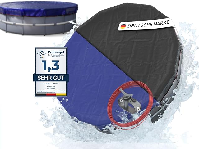 Cubierta de piscina redonda reversible Planenfux, negra por una cara y azul por la otra