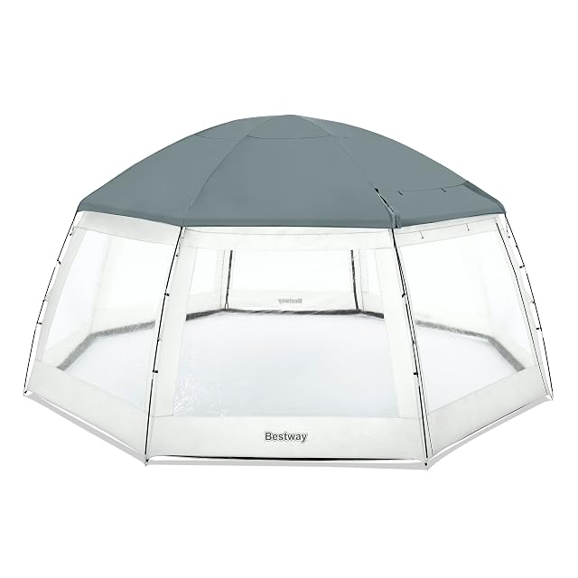 Pabellón de piscina Bestway de 600 por 295 cm, con ocho ventanas transparentes y dos entradas, sobre una gran piscina redonda