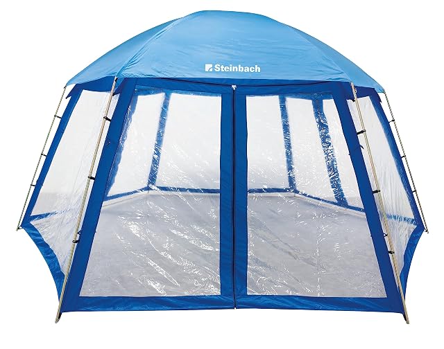 Techo de piscina Steinbach con laterales de PVC transparente y puertas de cremallera, levantado sobre una piscina redonda desmontable