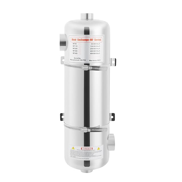 Intercambiador de calor de piscina SUONTY de acero inoxidable de 13 por 48 cm, con bocas de entrada y salida opuestas