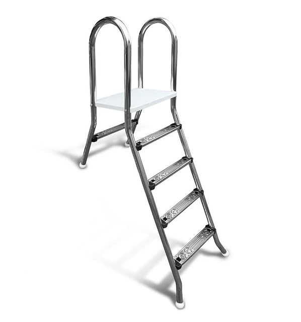 Escalera de piscina SAXONICA Classic en inoxidable V2A con cuatro peldaños de un lado y uno del otro