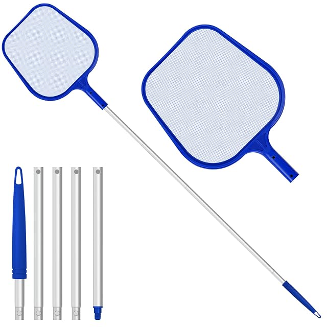 Recogehojas de piscina Jsdoin con mango telescópico de aluminio de cinco tramos y malla de nailon