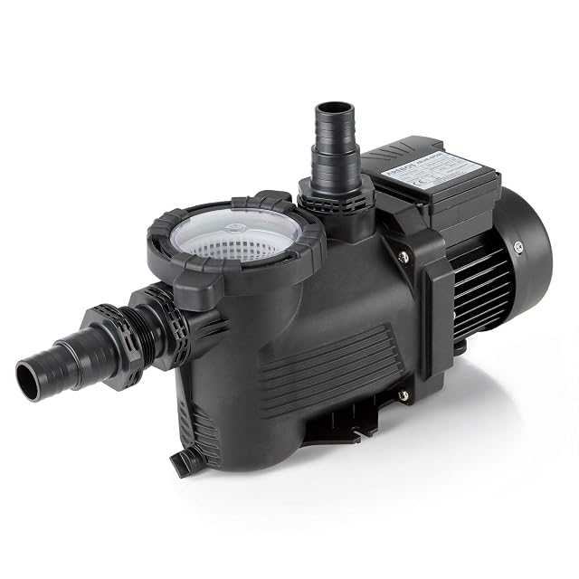 Bomba de piscina Arebos con prefiltro integrado, aparato compacto de 350 vatios con conexiones de 32/38 mm