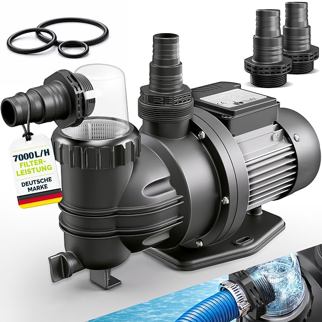 Bomba de filtración de piscina tillvex, con su tapa de prefiltro transparente que deja ver el cesto filtrante