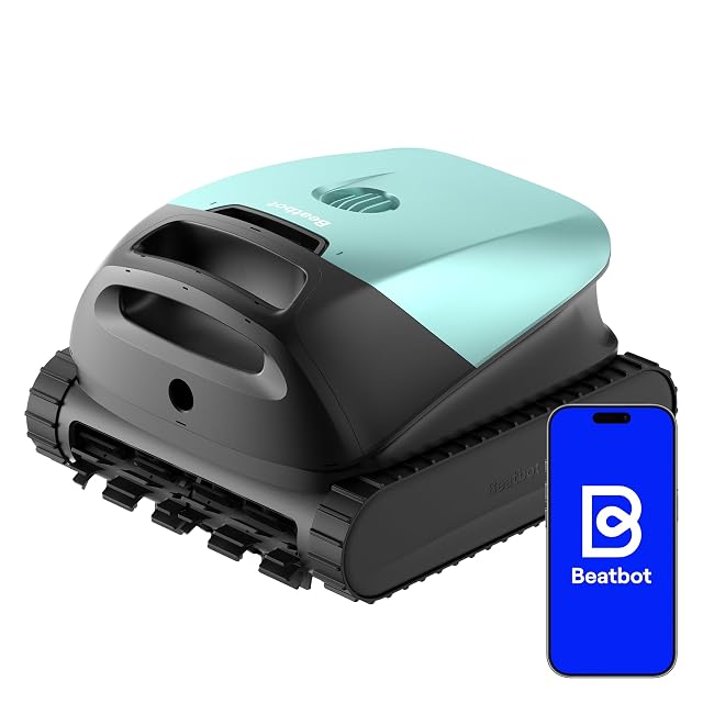 Robot de piscina Beatbot Sora 10 verde menta, limpiando la línea de agua de una piscina