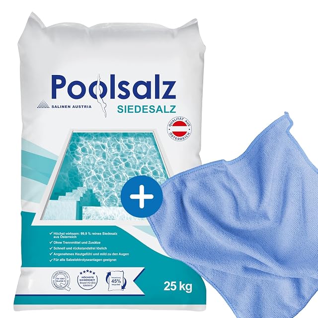 Sal de piscina kör4u, un saco de veinticinco kilos de sal de vacío fina con un paño de microfibra