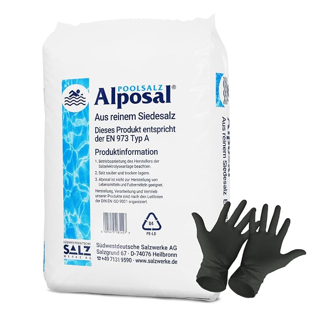 Sal de piscina Alposal suministrada como dos sacos de veinticinco kilos con un par de guantes desechables