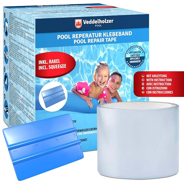 Cinta de reparación de piscina submarina transparente Veddelholzer con su espátula de aplicación