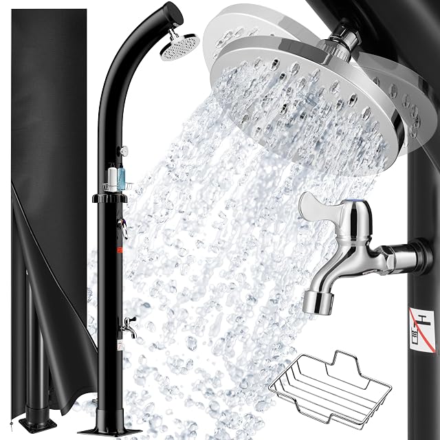 Ducha solar curva Monzana BOW con depósito de 20 litros y alcachofa de lluvia