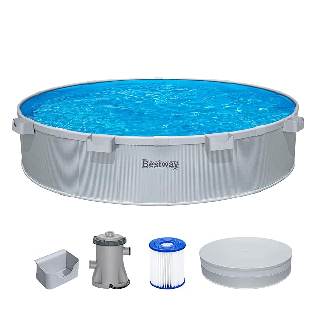 Piscina redonda Bestway de pared de acero gris, de 305 cm de diámetro y 61 cm de fondo, en estilo de abrevadero industrial