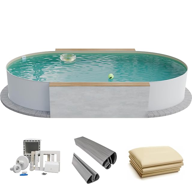 Gran piscina ovalada Fresh-Pool de pared de acero blanca de 525 por 320 centímetros, con liner color arena