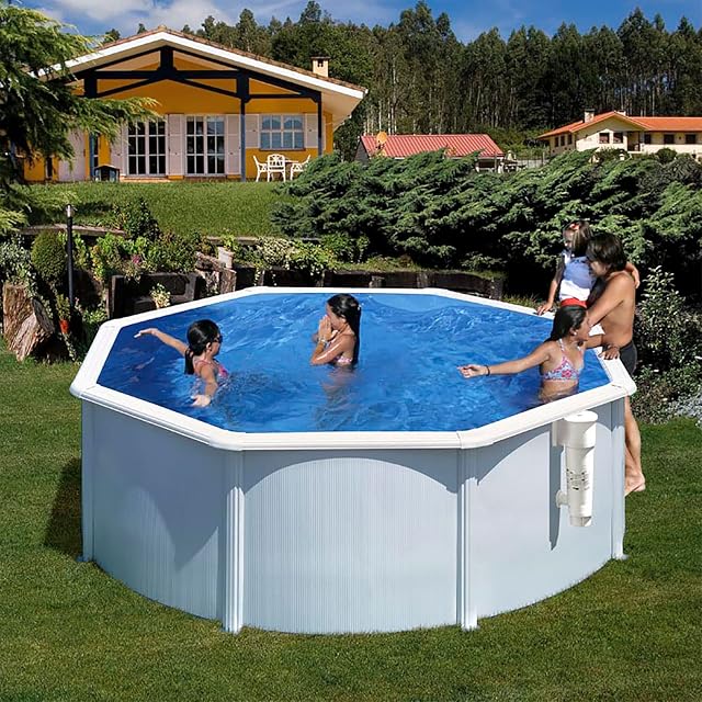 Piscina de pared de acero blanca Paradies Pool Gre GIANT de 460 cm de diámetro, con pasamanos ancho y liner azul