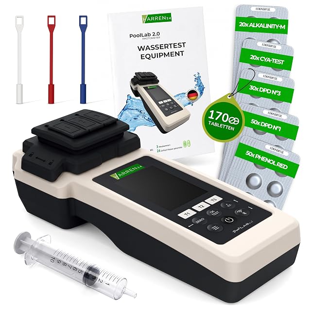 Kit de fotómetro harren24 PoolLab 2.0 con tres cubetas, un parasol, una jeringa, agitadores y pastillas reactivas