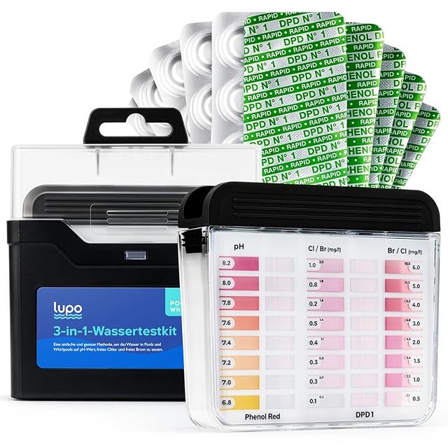 Kit de análisis de agua de piscina Lupo 3 en 1 con comparador de dos cámaras, pastillas y caja de almacenamiento